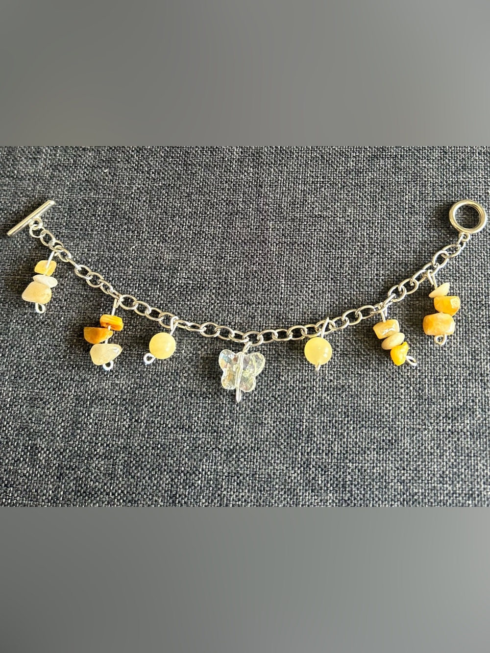 Silver Chain Charm Bracelet with Yellow Beads & Iridescent Butterfly